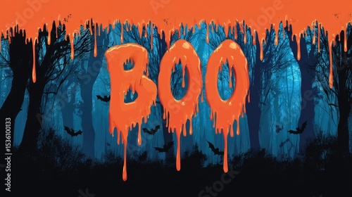 Spooky Halloween BOO! Dripping Slime, Bats, Dark Forest