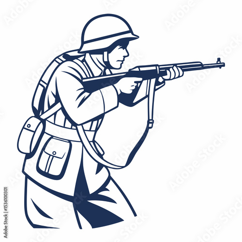 Vintage Line Art Soldier Aiming Rifle War Illustration