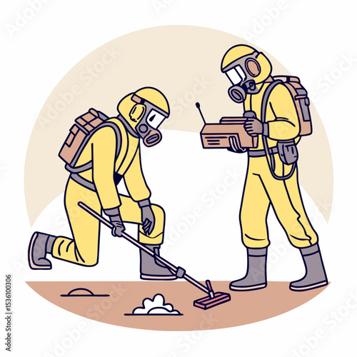 Cartoon Handdrawn Detailed Hazmat Team Character Wearing Protective Suit Illustration
