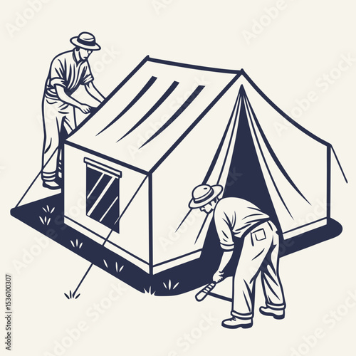 Line Art Illustration of People Setting Up a Camping Tent Outdoors