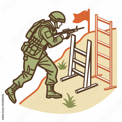 Retro Illustration Soldier Obstacle Course Training Drill Ground Graphic Element