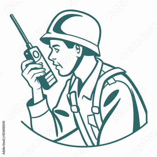 Simple Lineart Soldier Holding Radio Communication Device Illustration