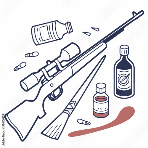 Simple Line Art Hunting Rifle and Supplies Illustration Element Graphic Asset
