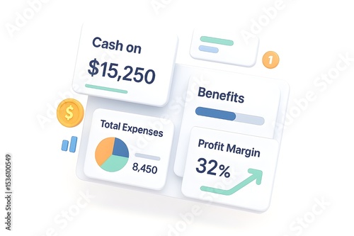 3D isometric illustration of a modern finance dashboard showing 