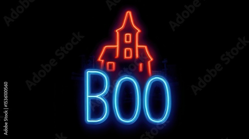 Neon Boo! Spooky Haunted House Silhouette in Glowing Lights