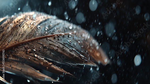 Close up of feather with golden bokeh effect on dark background artistic and elegant