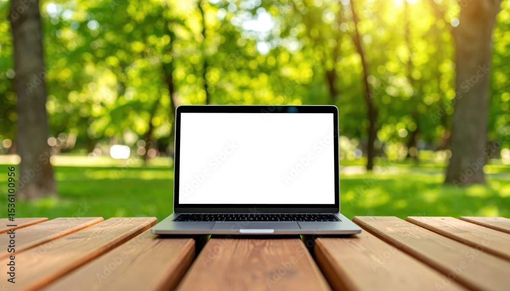 Laptop on wooden table in a sunny park surrounded by green trees and nature Laptop on wooden table in a sunny park surrounded by green trees and nature