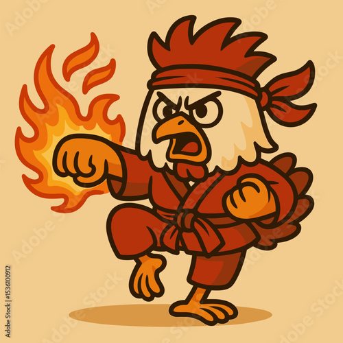 A cartoon chicken punches forward with fiery energy around its wing, wearing a red kung fu outfit and a spiky hairstyle. The bold and funky style enhances its dynamic movement and intensity.