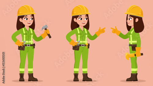 Female Construction Worker or Safety Inspector Character Set with Hammer. Three different poses. Vector cartoon girl character