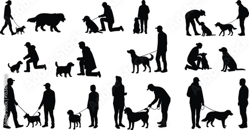 Dog training, pet obedience, people walking dogs, silhouette illustration, animal care, dog lover activity, pet walking scene, owner and dog relationship, canine training, pet companionship art