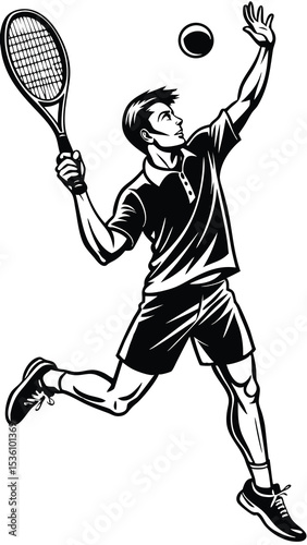 Dynamic tennis player jumping high to hit ball