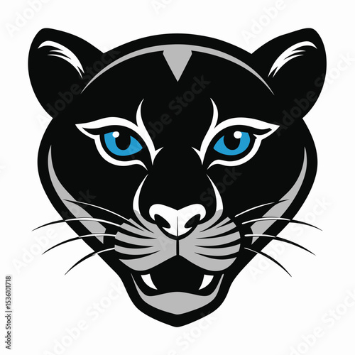 Front view of a black panther head shows piercing blue eyes and whiskers