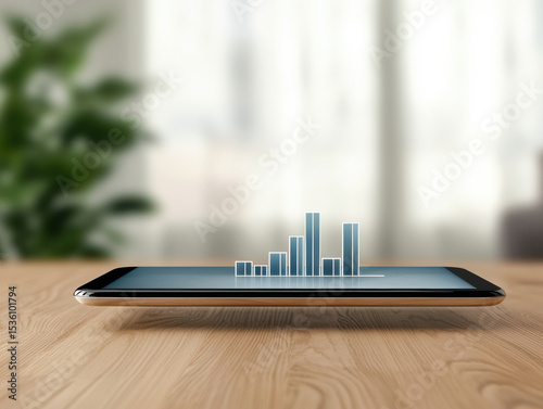 smartphone on a wooden table displays a holographic bar chart, symbolizing data visualization and modern technology in a blurred indoor setting.