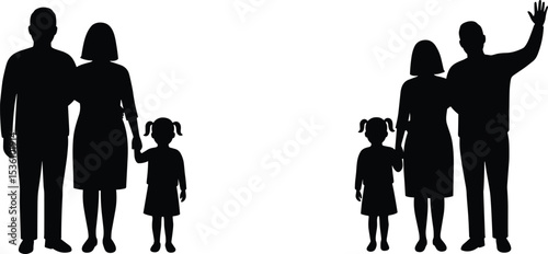Silhouette of happy family standing together, parents with child, family unity, parenthood, childhood bond, family love, togetherness, parenting, lifestyle concept, support and care illustration