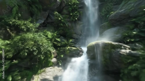 A scenic view of a waterfall cascading down rocks surrounded by lush green vegetation and clear water flow