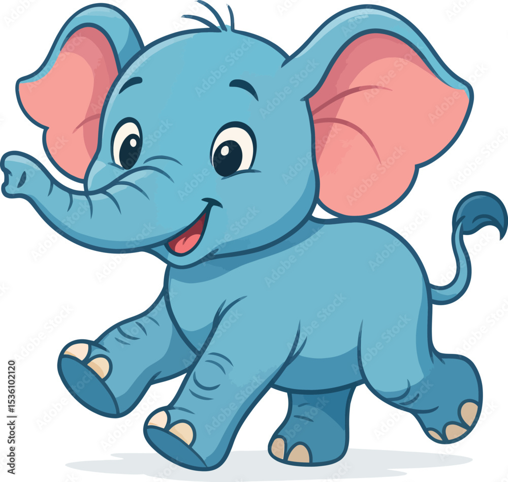 Fototapeta premium Cute Cartoon Blue Elephant with Big Ears and Happy Smile vector illustration