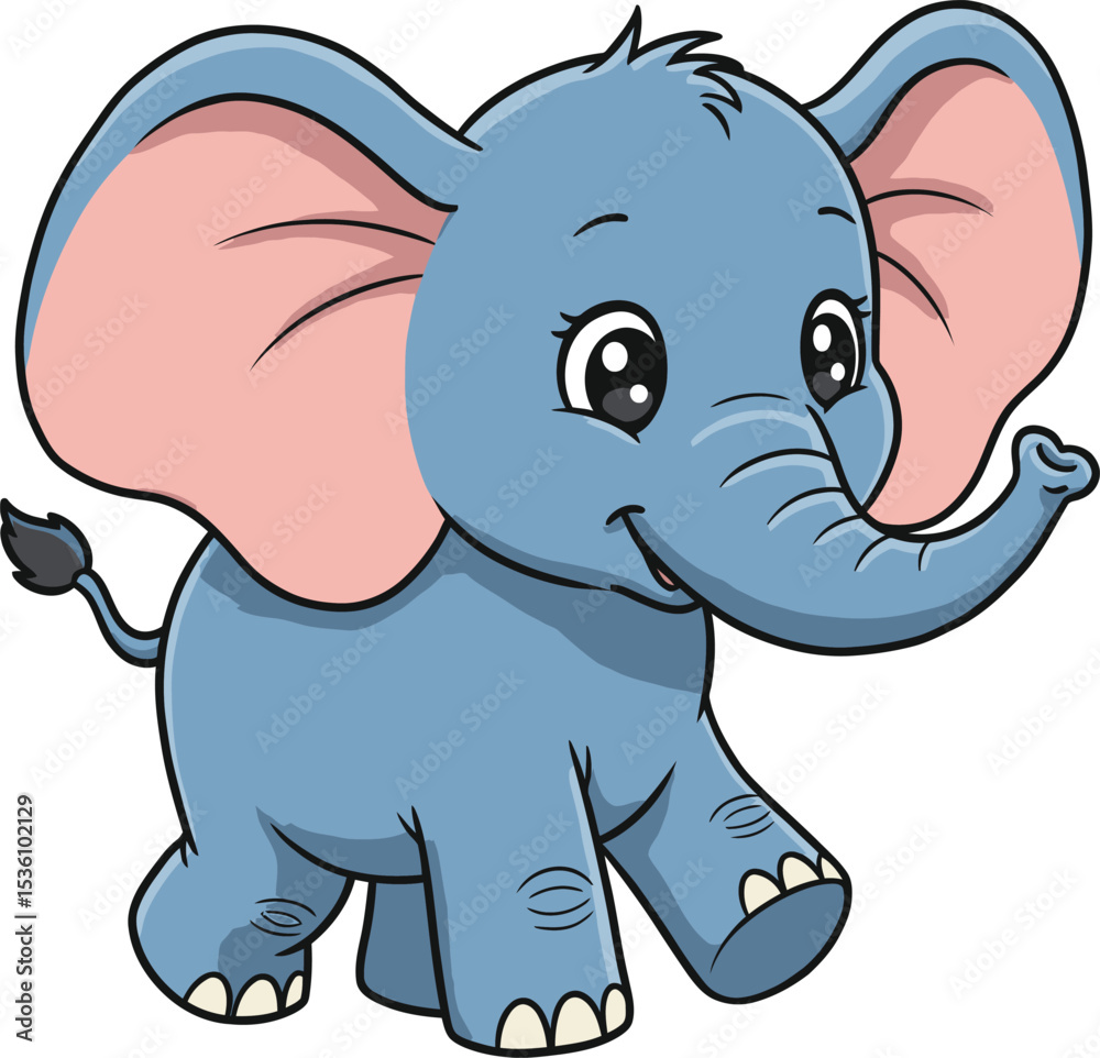 Fototapeta premium Cute Cartoon Blue Elephant with Big Ears and Happy Smile vector illustration