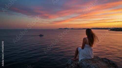 Woman contemplating sunset over sea