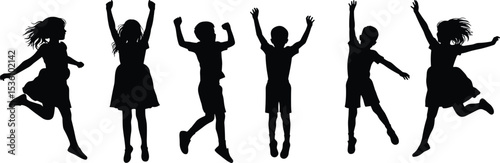 Silhouette of kids jumping, happy children dancing, playful youth in motion, black shadow figures, fun activity illustration, energetic childhood, vector outline design, joyful children art
