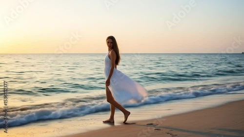 Woman in white dress on beach at sunset