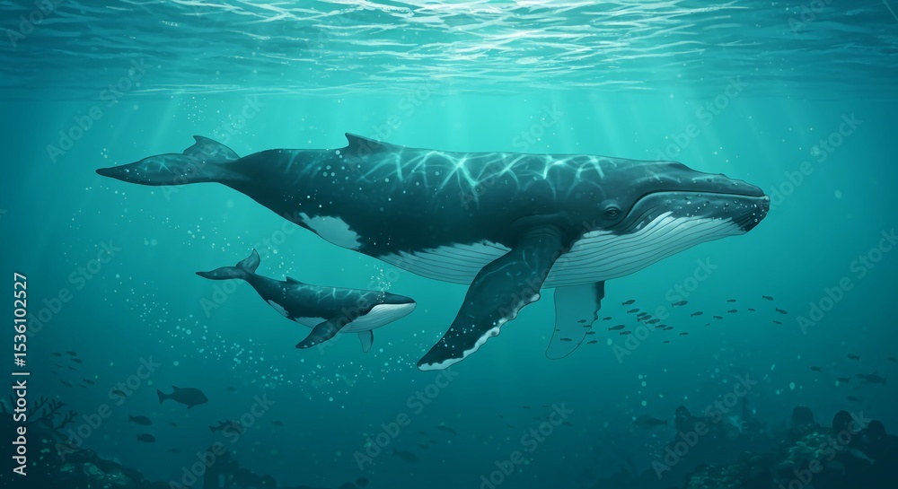 Naklejka premium Illustration of a majestic rare whale swimming in the deep ocean, accompanied by a small whale calf beside it. The two swim harmoniously amidst the sunlight that penetrates the turquoise sea water.