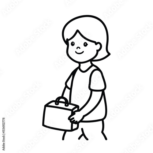 Happy child with colorful lunchbox enjoying a meal outdoors
