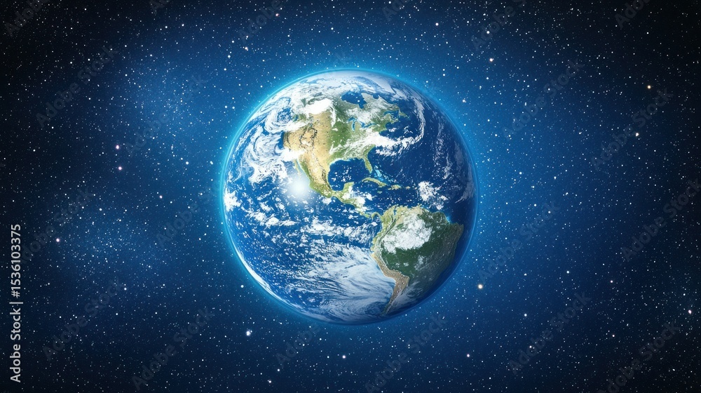 Fototapeta premium Earth, a blue sphere, surrounded by countless stars in dark space. Detailed view of continents and clouds