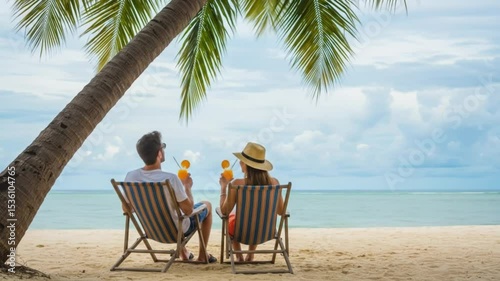 Couple relaxing on beach under palm tree