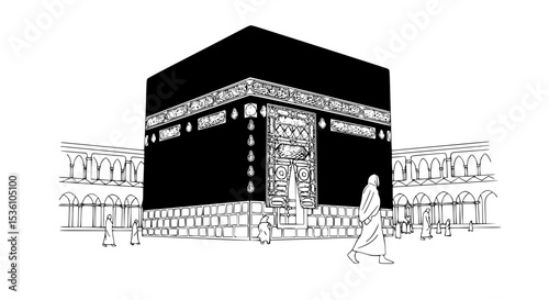 Detailed Black and White Illustration of the Kaaba and Pilgrims.