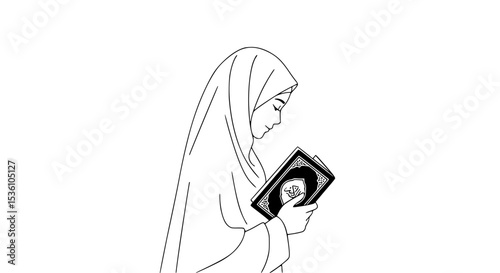 Devout Woman Reading Holy Book with Intricate Cover Design.