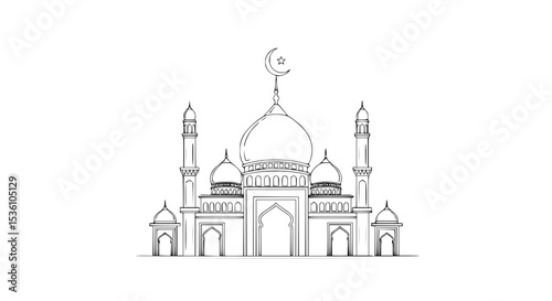 Elegant Line Drawing of a Mosque with Crescent Moon.