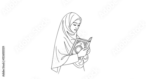 Elegant line art of a woman in hijab reading an ornate book.