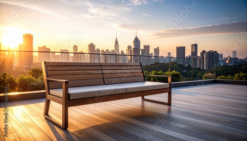 Wallpaper Mural Modern wooden bench overlooking a city skyline at sunset, creating a serene atmosphere Torontodigital.ca
