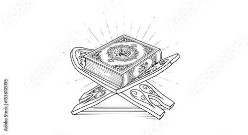 Intricate Line Art Depicting the Holy Quran on a Rehal Stand.
