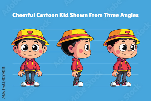 Cheerful Cartoon Kid Shown From Three Angles