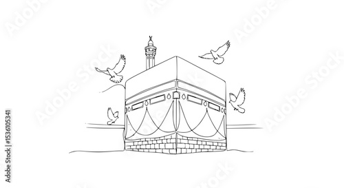 Simple Outline of the Kaaba with Soaring Doves.