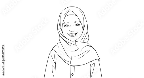 Smiling Muslim Woman Wearing Hijab Outlined in Black and White.