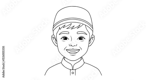 Smiling Muslim Boy with Kufi Hat Clean Line Art Portrait.