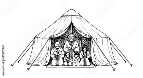 Sketch of a family praying inside a tent with intricate line work.