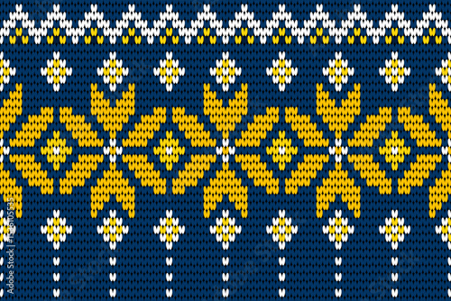 Woven pattern, blue background with yellow flowers decorated perfectly, seamless.