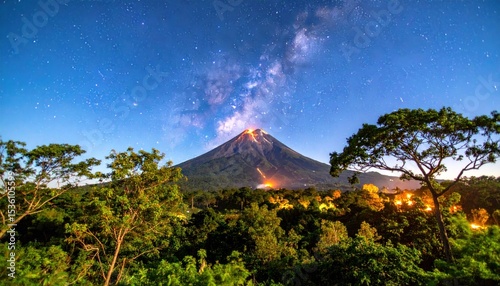 Volcano erupting under a night sky