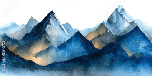 Snowy mountain peak illuminated by sunrise above the clouds. watercolor style mountains range, blue, pink and green colors on white and transparent background	