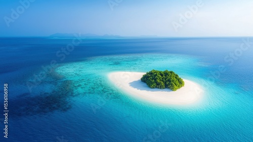 A small tropical island with lush green vegetation sits surrounded by clear turquoise waters in the middle of a vast blue ocean under a clear sky.
