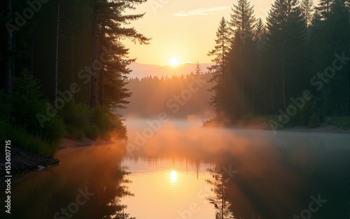 Reflection of forest and sun in water. High quality