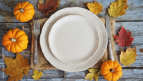 Thanksgiving dinner table setting cozy home rustic decor autumn vibes overhead seasonal feast planning