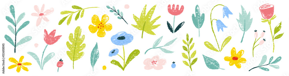 Flower crayon watercolor spring floral set. Hand drawn pastel crayon flower, leaf, plant with chalk texture. Cute nature background for kid, child, garden doodle element design. Vector illustration