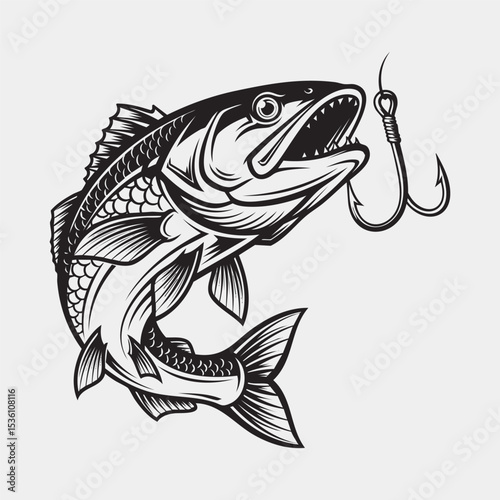 Aggressive Fish and Hook Vector Logo.