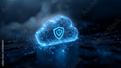 secure AI icon with shield, cloud computing, digital background.