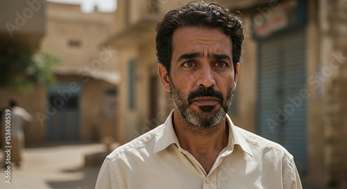 A Man in a Beige Shirt in a Middle Eastern City