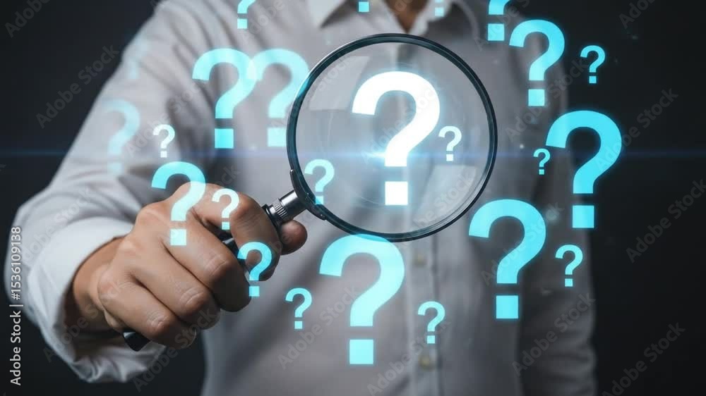 Question mark and root cause analysis concept. A hand holding a magnifying glass over large question marks surrounded by smaller ones symbolizes cause analysis and problem-solving. solution, analyze Question mark and root cause analysis concept. A hand holding a magnifying glass over large question marks surrounded by smaller ones symbolizes cause analysis and problem-solving. solution, analyze